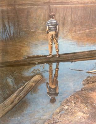 Boy Fishing from a Log